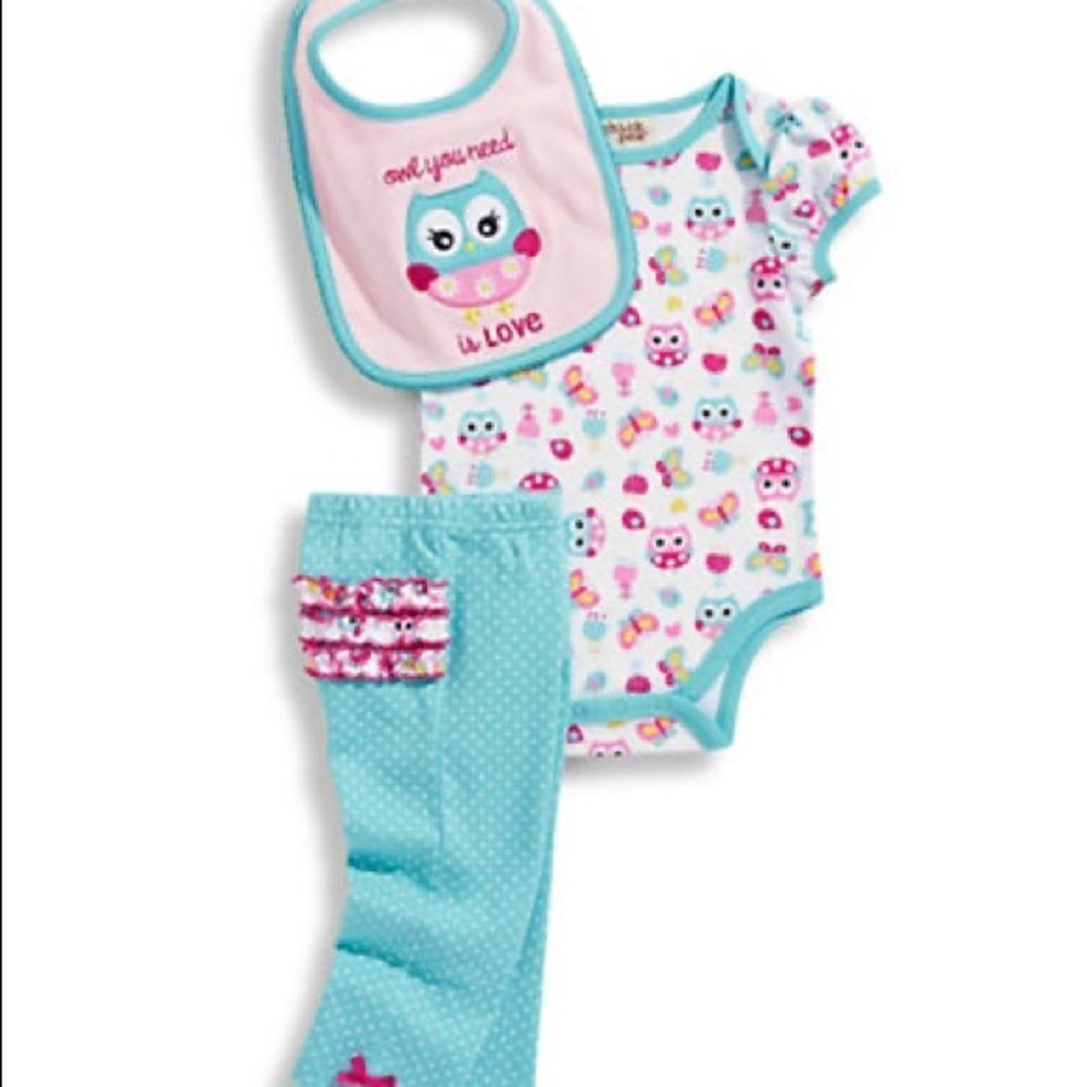 Chick Pea Infant Girls Four-Piece Owl Bodysuit Set-BLUE-9-12 Months